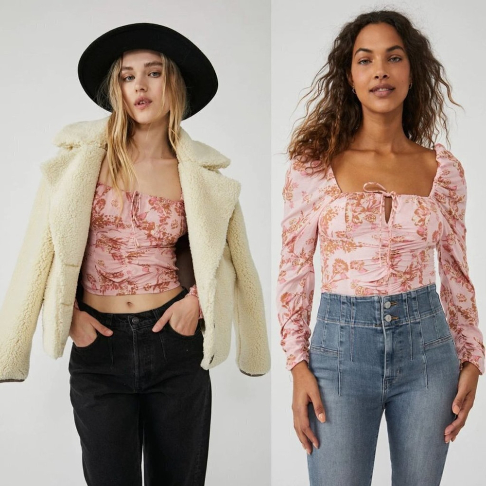 NWT Free People Hilary Printed Top Boho Floral Smocked Date Night, Pink Combo S